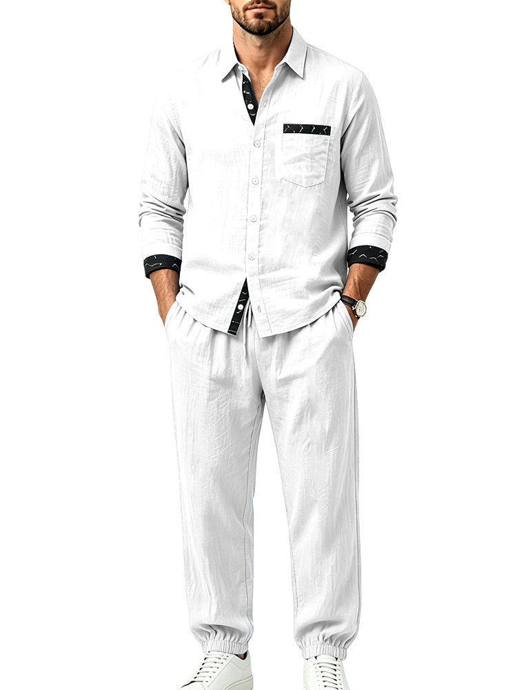 Herren Leichter Baumwoll-Loungewear-Zweiteiler mit Hemd und Kordel-Jogger Drune