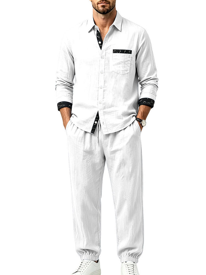 Herren Leichter Baumwoll-Loungewear-Zweiteiler mit Hemd und Kordel-Jogger Drune