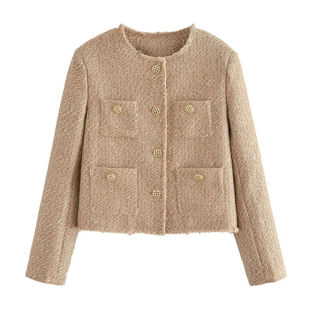 Damen nan cropped Tweed-Kurzjacke mit Rundhalsausschnitt, goldenen Zierknöpfen und aufgesetzten Taschen Drune