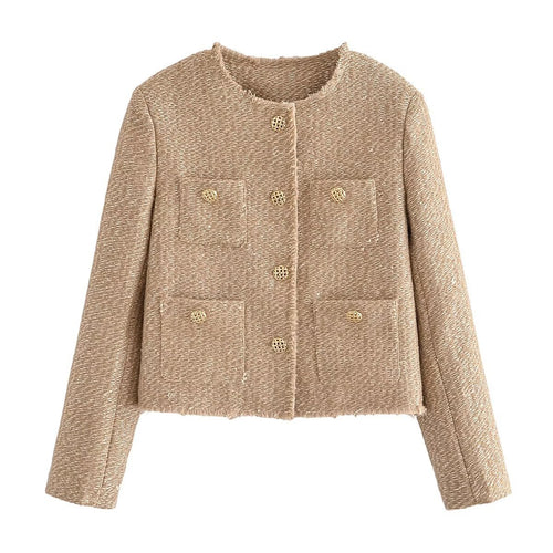Damen nan cropped Tweed-Kurzjacke mit Rundhalsausschnitt, goldenen Zierknöpfen und aufgesetzten Taschen Drune