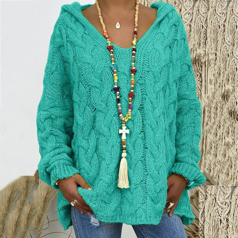 Damen Oversized Zopfmuster-Strickpullover mit Kapuze und lässigem V‑Ausschnitt Drune