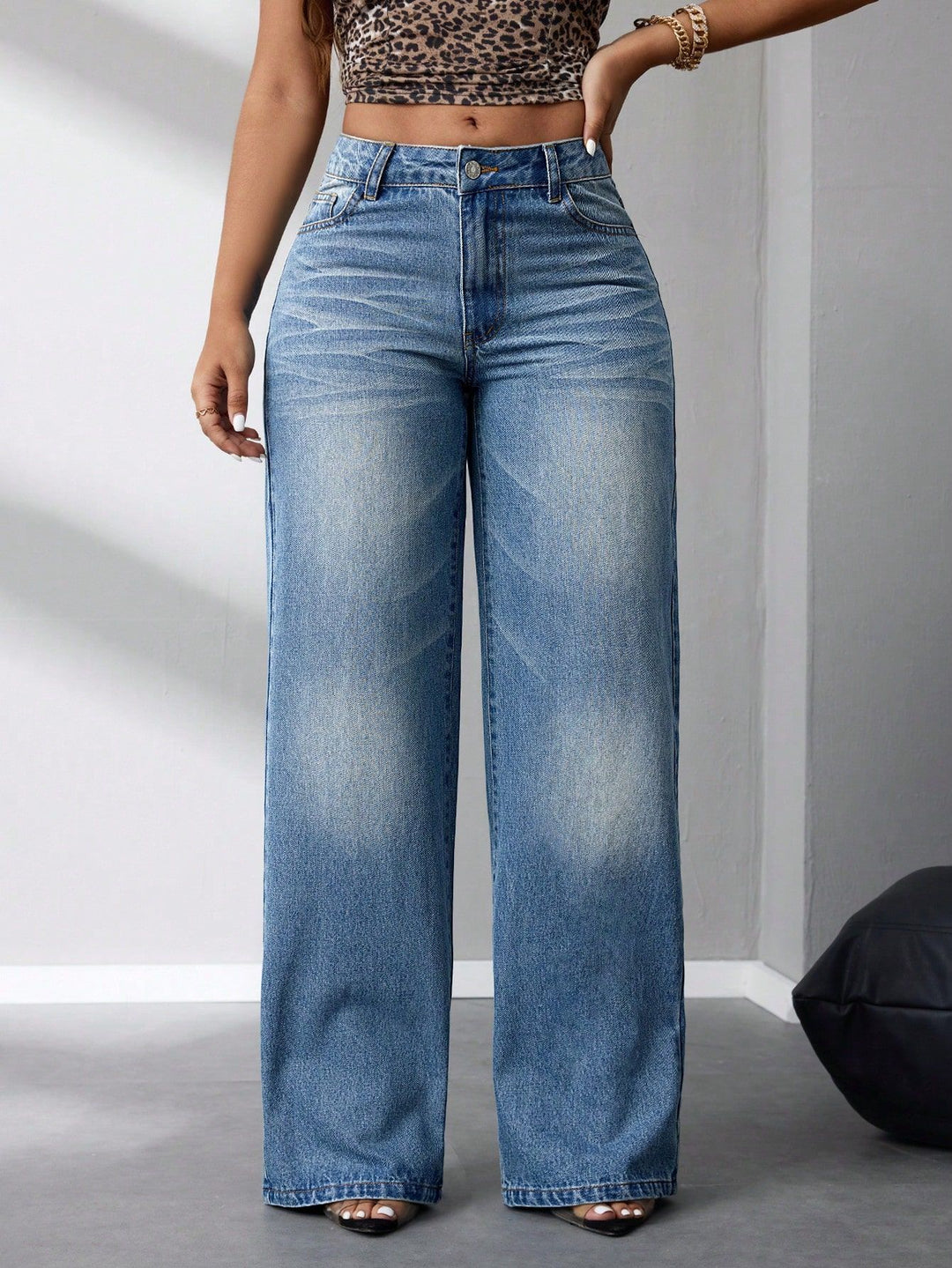Damen weit geschnittene High-Waist Jeans im lässigen Vintage-Stil Drune