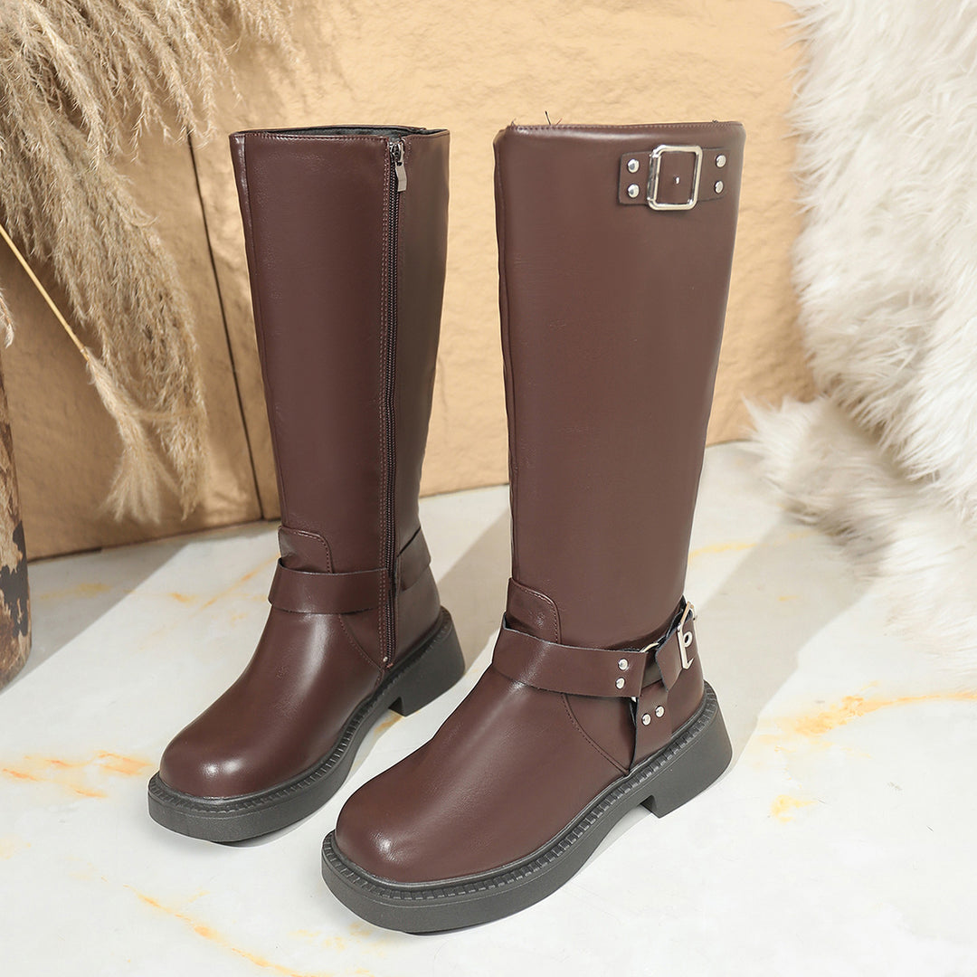 Damen Kniehohe Bikerstiefel mit seitlichem Reißverschluss und Dekorschnallen Drune