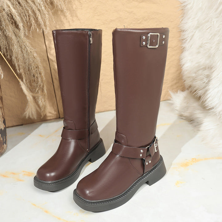 Damen Kniehohe Bikerstiefel mit seitlichem Reißverschluss und Dekorschnallen Drune