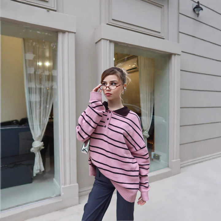 Damen gestreifter Pullover mit Schalkragen und Knopfdetails Drune