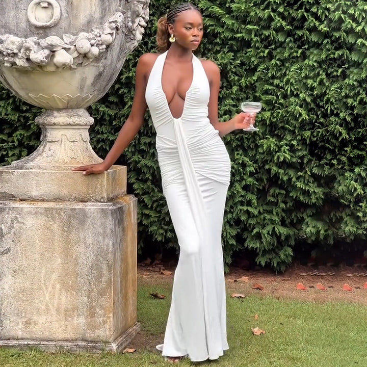 Damen Elegantes Maxikleid mit tiefem Ausschnitt und raffinierten Rüschendetails Drune