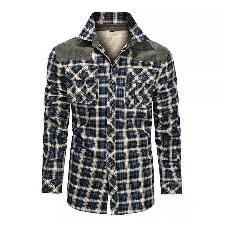 Herren gefütterte Karo-Hemdjacke mit Teddyfleece-Innenfutter, Brustpattentaschen und Schulterbesatz Drune