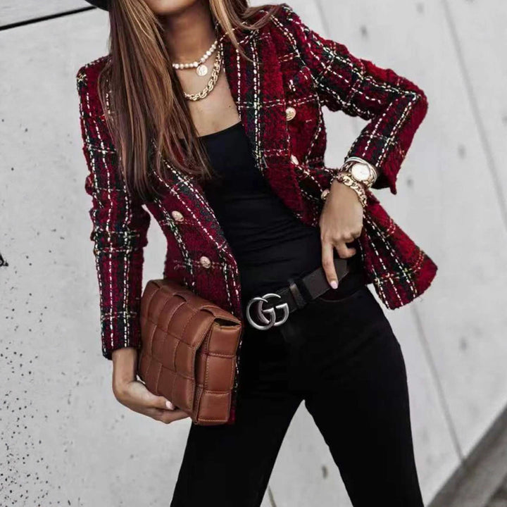 Damen Bouclé-Tweed-Blazer mit Karomuster und doppelreihiger Knopfleiste Drune