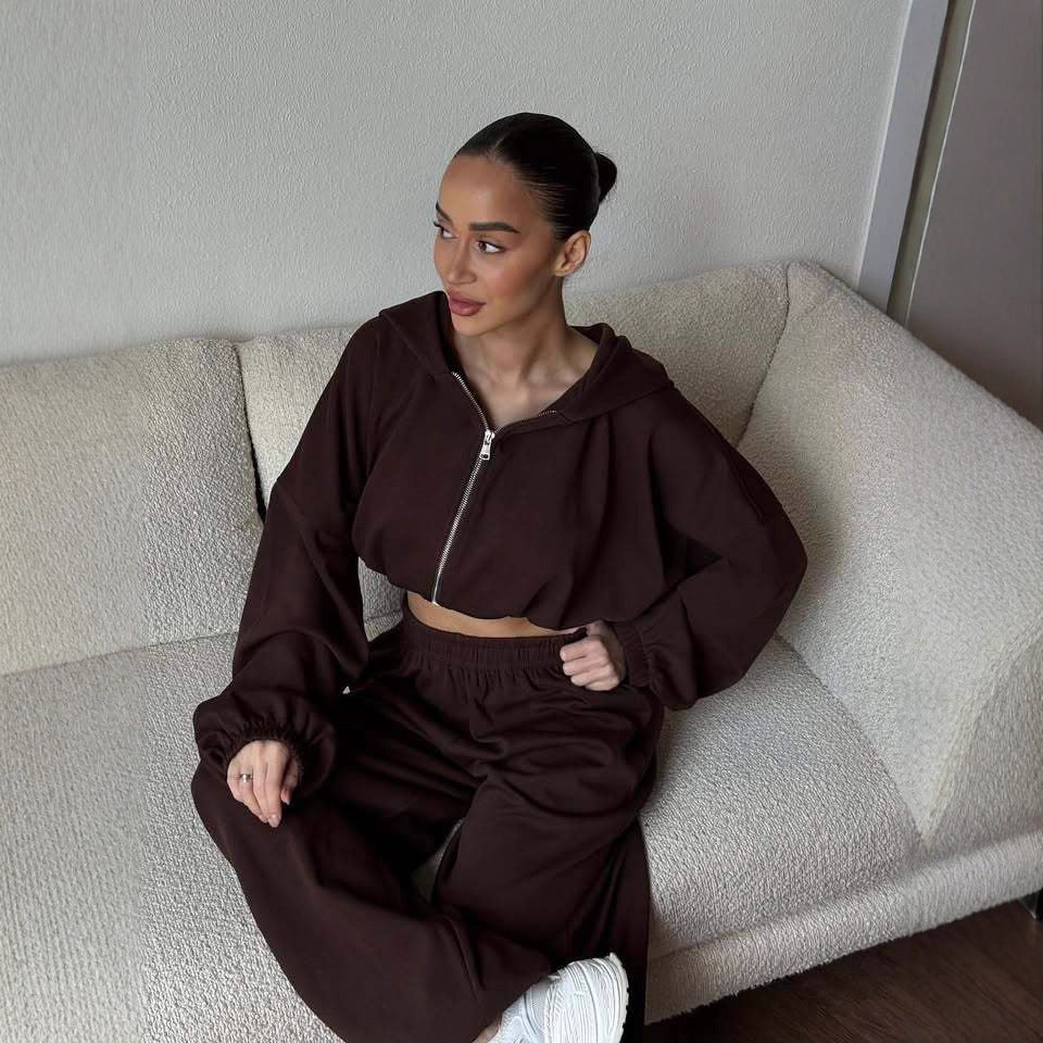 Damen Cropped-Zip-Hoodie und weite High-Waist-Loungehose Zweiteiler Drune