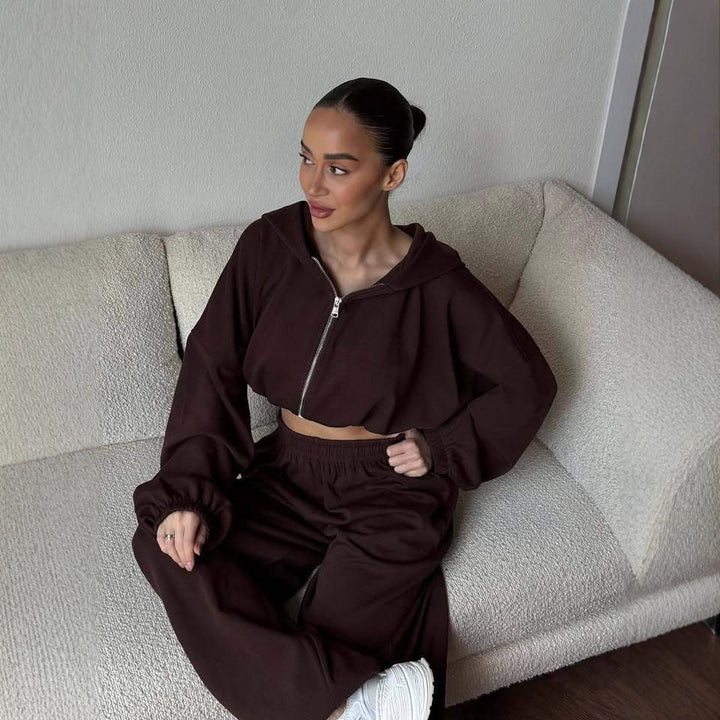 Damen Cropped-Zip-Hoodie und weite High-Waist-Loungehose Zweiteiler Drune