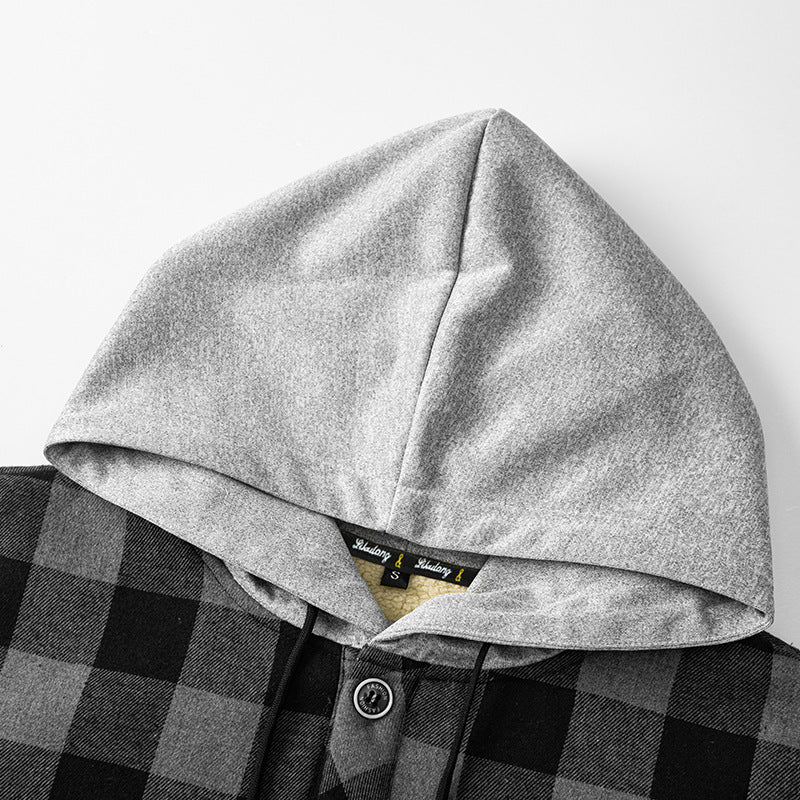 Herren kariertes Sherpa-gefüttertes Overshirt mit Kapuze, Brusttasche und Druckknopfverschluss Drune