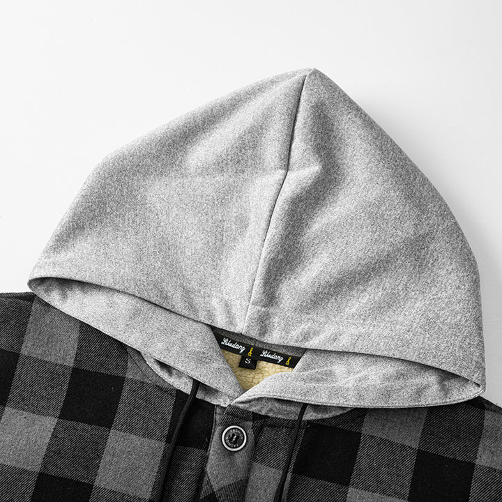 Herren kariertes Sherpa-gefüttertes Overshirt mit Kapuze, Brusttasche und Druckknopfverschluss Drune