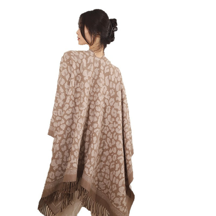Damen Eleganter Jacquard-Überwurf mit Leopardenjacquard und Fransen Drune