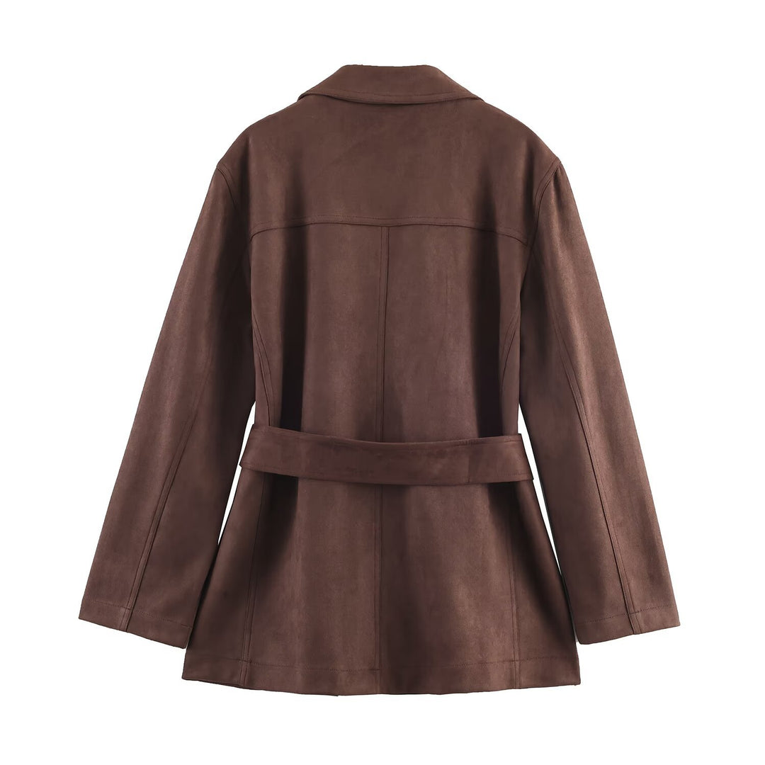 Damen elegante Suede Blazerjacke mit Taillengürtel Drune