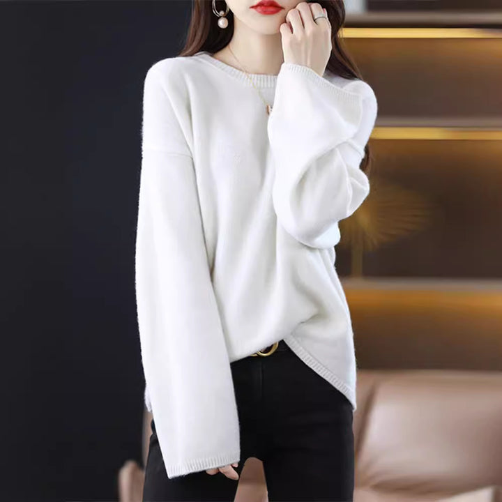 Damen weicher Strickpullover mit weitem Schnitt und legerem V-Ausschnitt Drune