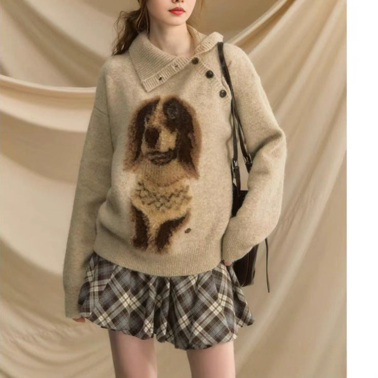 Damen Strickpullover mit tierischem Motiv und hochgeschlossenem Kragen Drune