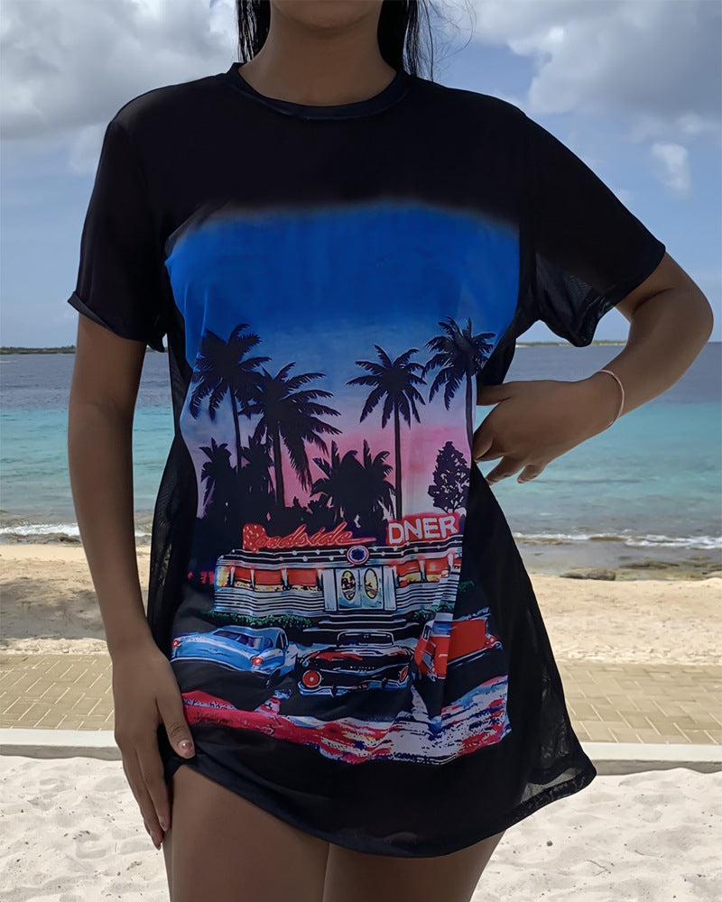 Damen Strand-T-Shirt mit tropischem Grafikdesign Drune