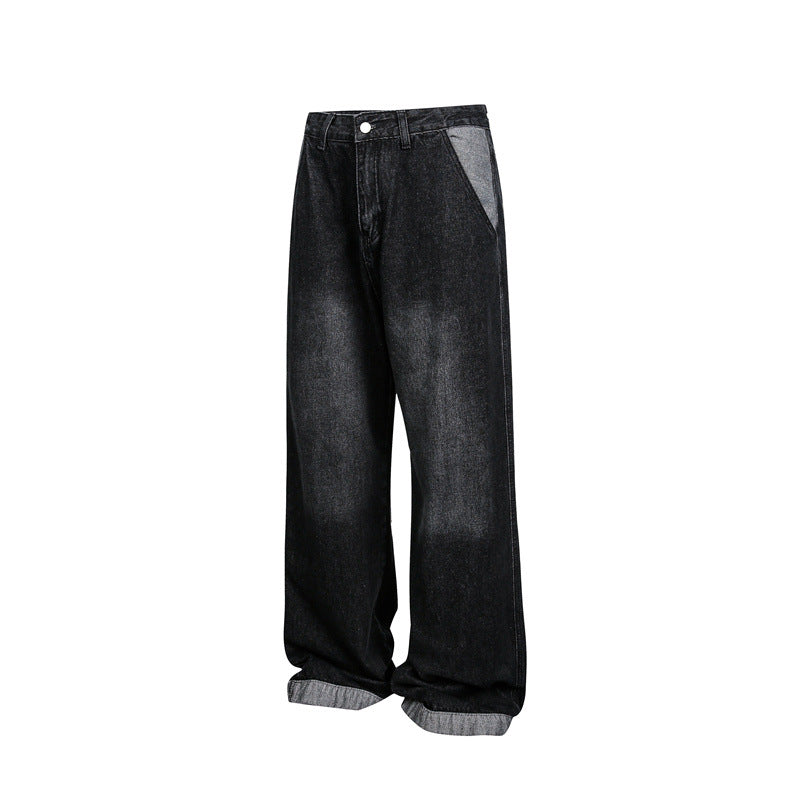 Unisex Weite Baggy-Denimhose mit hohem Bund und kontrastierten Eingrifftaschen Drune