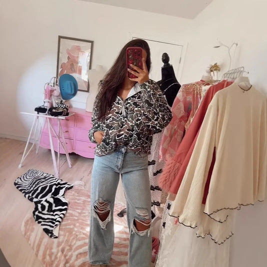 Damen Oversize Kapuzen-Half-Zip-Sweatshirt mit gefütterter Kapuze und Allover-Print Drune