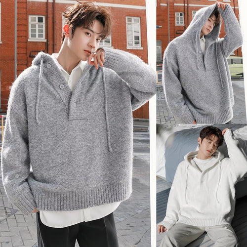 Herren Modischer Grobstrickpullover mit Kapuze Drune