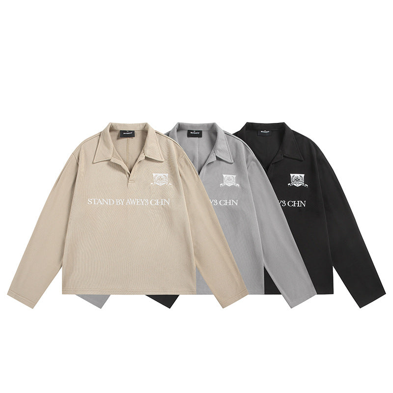 Unisex Langärmeliges Rugby-Polo mit offenem Kentkragen und Brustprint Drune