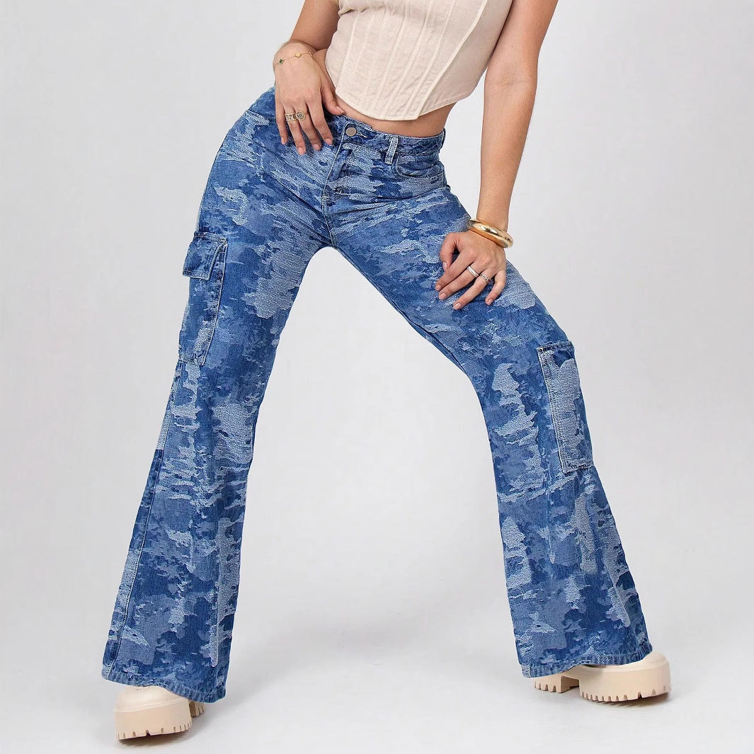 Damen Cargo-Flared-Jeans mit Camouflage-Waschung Drune