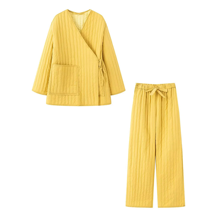 Damen nan gesteppter Kimono-Wickel-Loungewear-Set mit weiter Bundhose Drune