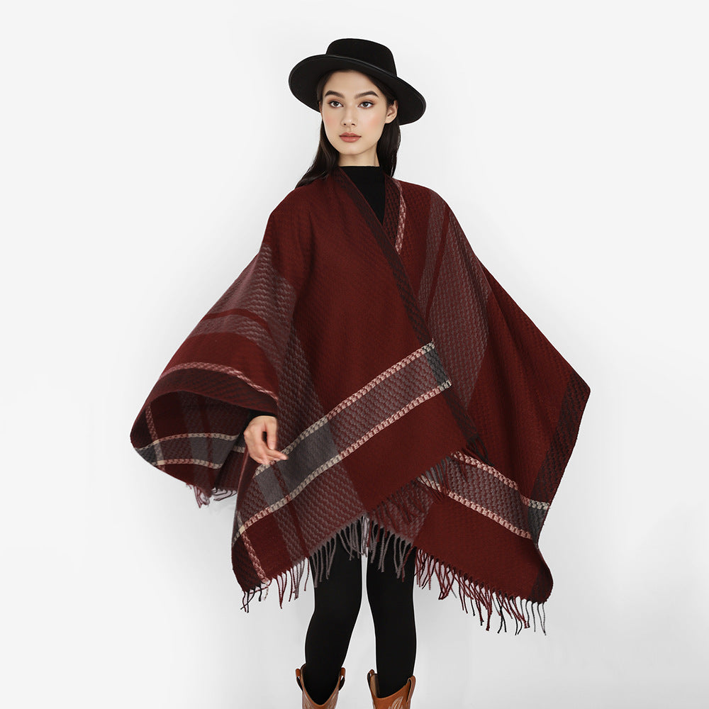 Damen Capeponcho mit Fransen und kariertem Jacquard-Design Drune