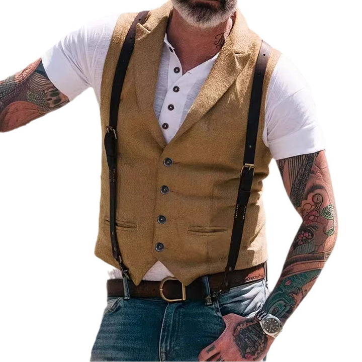 Herren Vintage-inspirierte Tweed-Weste mit Reverskragen, Paspeltaschen und Slim-Fit Drune