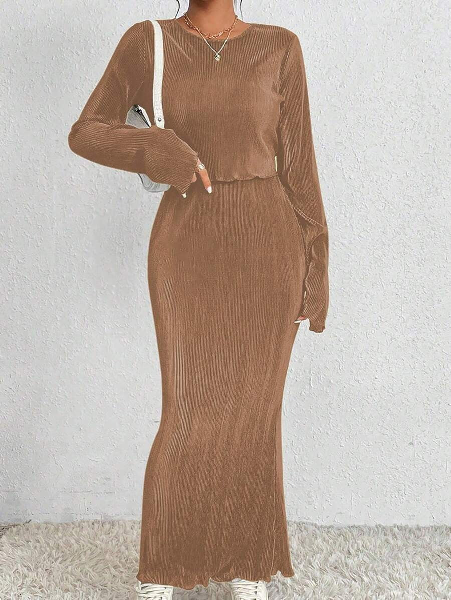 Damen Elegantes und figurbetontes Maxikleid mit langen Ärmeln Drune