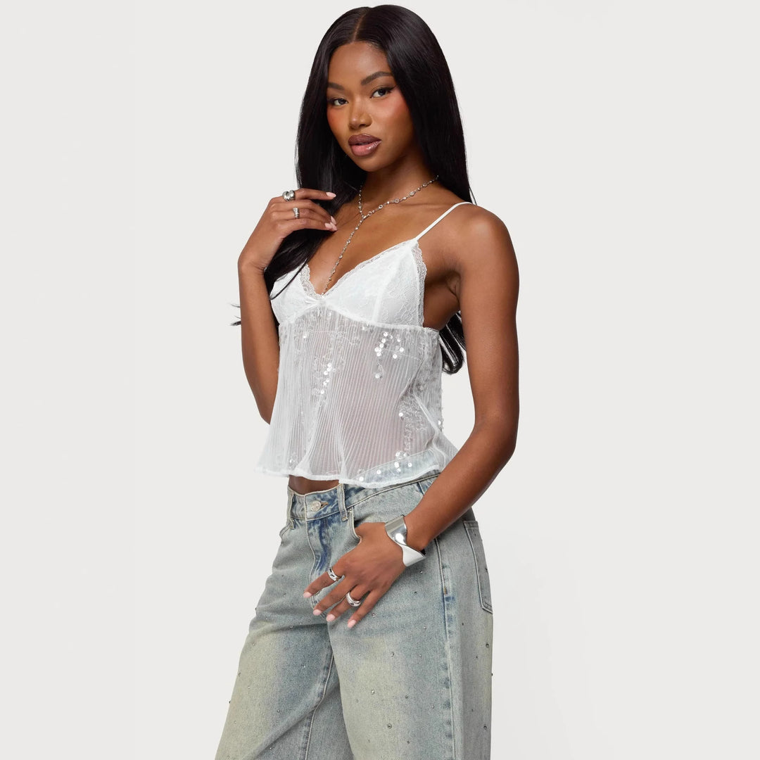 Damen Spitzentop mit funkelnden Pailletten und zarten Trägern Drune