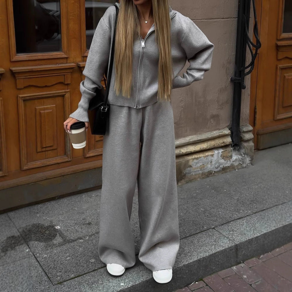 Damen Feinstrick-Zweiteiler mit taillierter Zip-Kapuzenjacke und weiten High‑Waist Kordelhose Drune