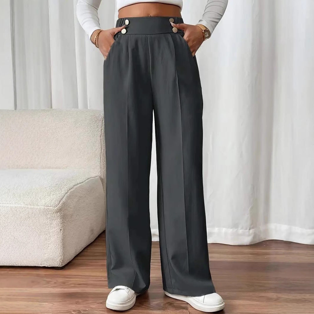 Damen Hochtaillierte weite Marlene-Hose mit Zierknopf-Bund und Bügelfalte Drune