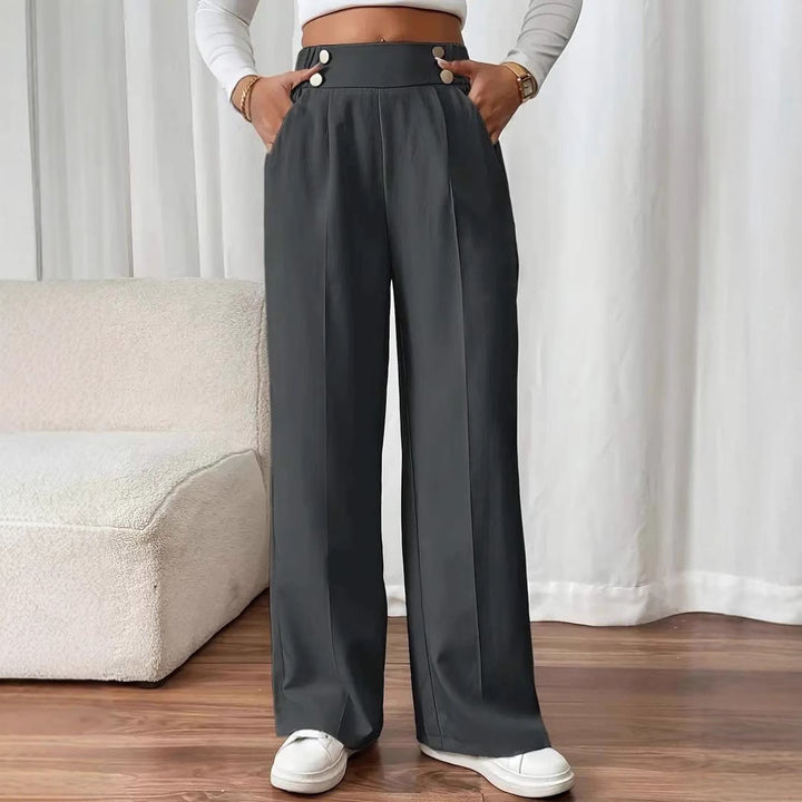 Damen Hochtaillierte weite Marlene-Hose mit Zierknopf-Bund und Bügelfalte Drune