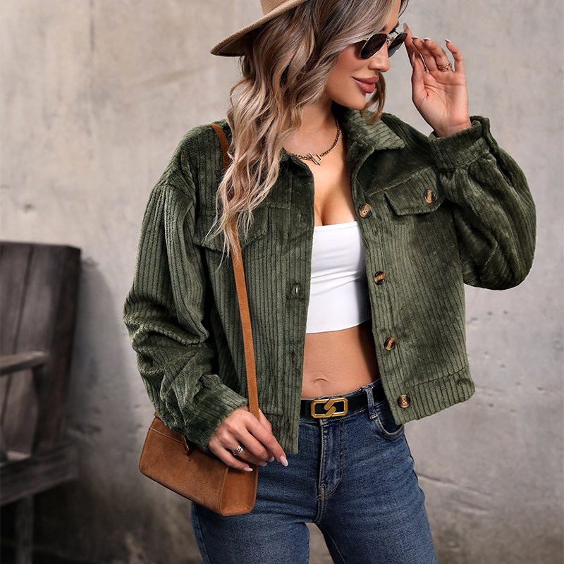 Damen Strickjacke im lässigen Cord-Look mit dekorativen Knöpfen und zwei Brusttaschen Drune