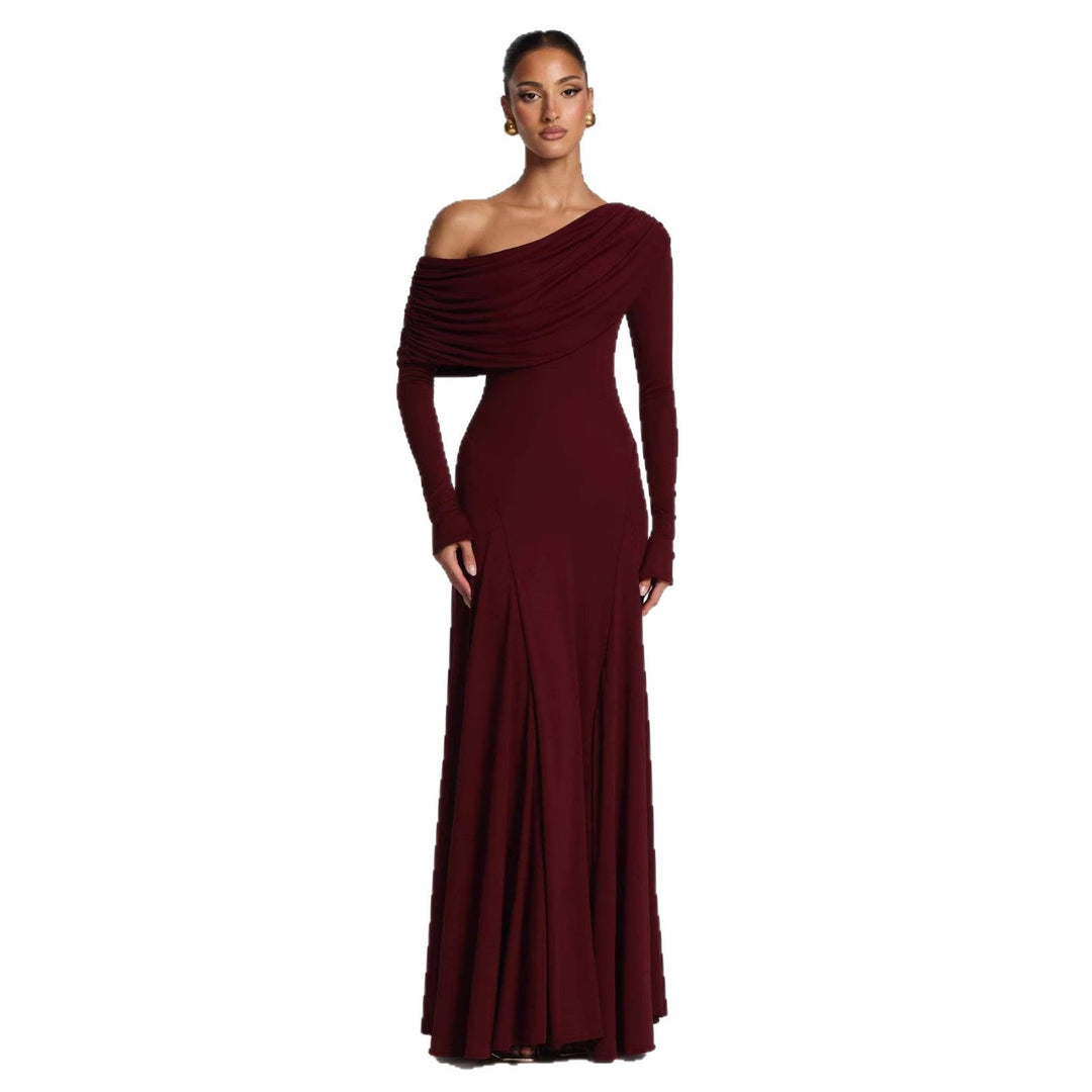 Damen Elegantes Langarm-Maxikleid mit asymmetrischem Drapierungsdetail Drune