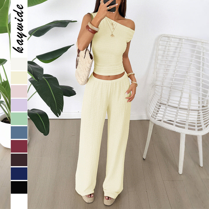 Damen Zweiteiliges Set aus elastischem Rippstoff mit asymmetrischem Top und weitem Hosen Drune