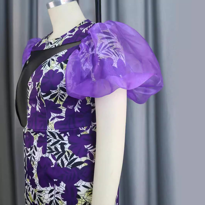 Damen extravagantes Cocktailkleid mit voluminösen Puffärmeln und floralem Muster Drune
