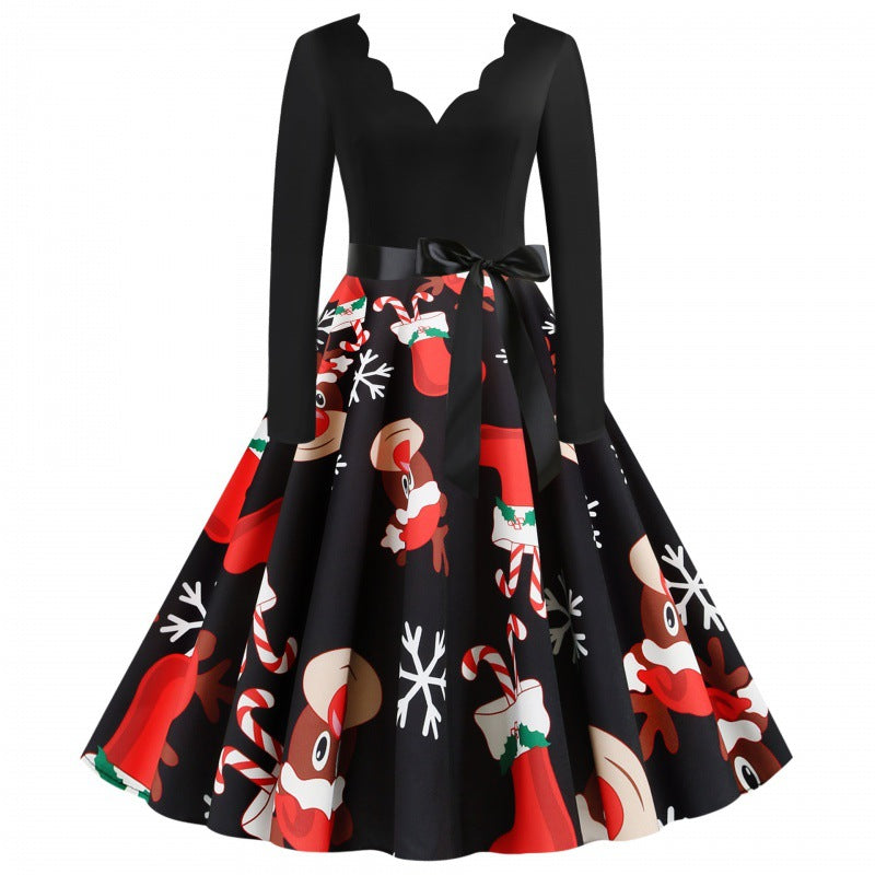 Damen Vintage-Festkleid im 50er-Jahre Stil mit gewelltem Halsausschnitt, figurbetontem Oberteil und voluminösem Tellerrock Drune