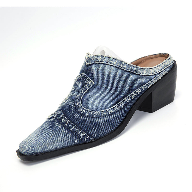 Damen nan Jeans-Slipper mit spitzer Zehenkappe, fransiger Kantenverarbeitung und mittelhohem Blockabsatz Drune