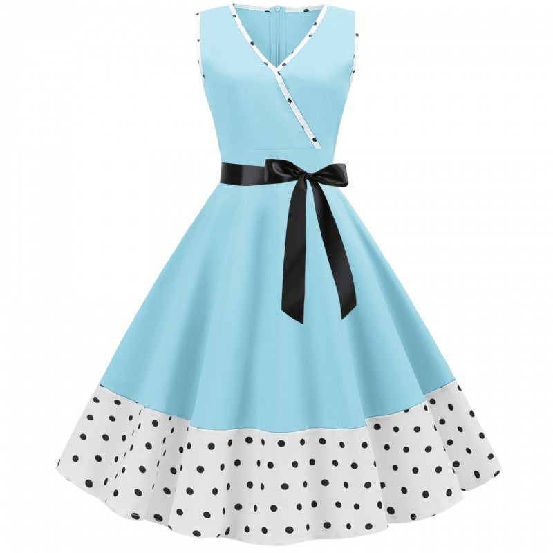 Damen Swingkleid mit V-Ausschnitt und gepunktetem Saum Drune
