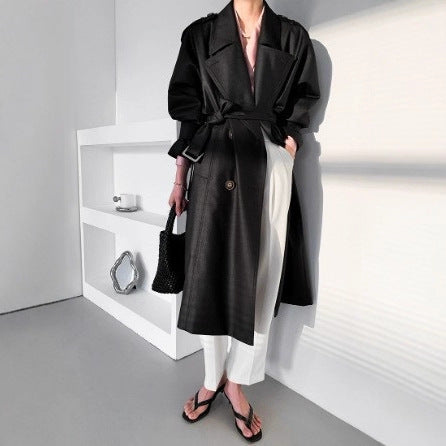 Damen Langer Oversize-Trenchcoat in veganer Lederoptik mit Bindegürtel und breitem Revers Drune