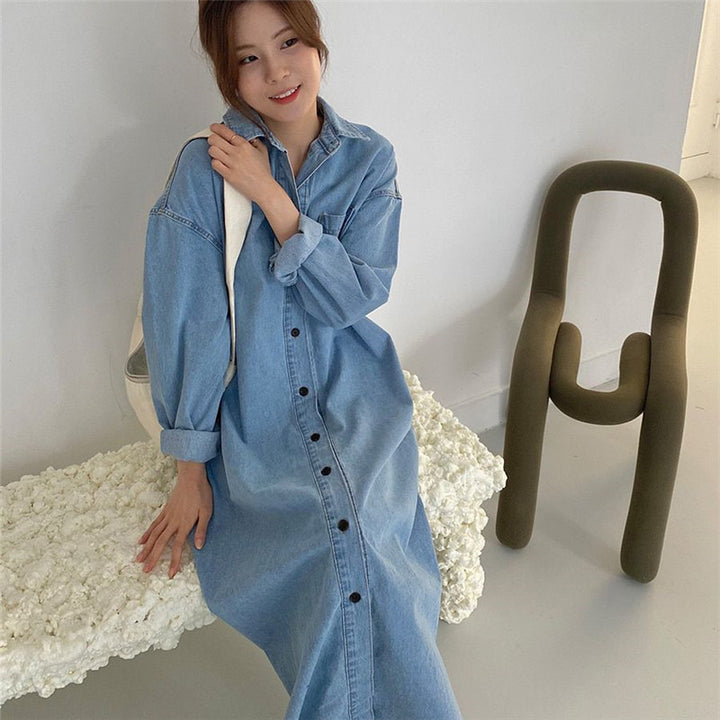 Damen Oversize-Denim-Maxikleid im Hemdstil mit Brusttasche und durchgehender Knopfleiste Drune