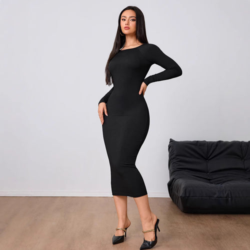 Damen figurbetontes Stretch-Midikleid mit U‑Boot‑Ausschnitt und figurformendem Rippstrick Drune