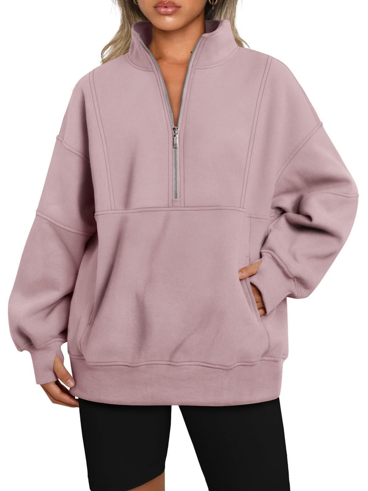 Damen Oversize-Sweatshirt mit halbem Reißverschluss, Stehkragen und Kängurutasche Drune