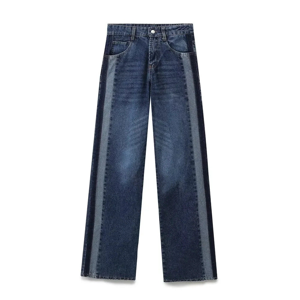 Damen 10+ weite High‑Waist Denim‑Palazzohose mit kontrastierenden Seitenteilen Drune