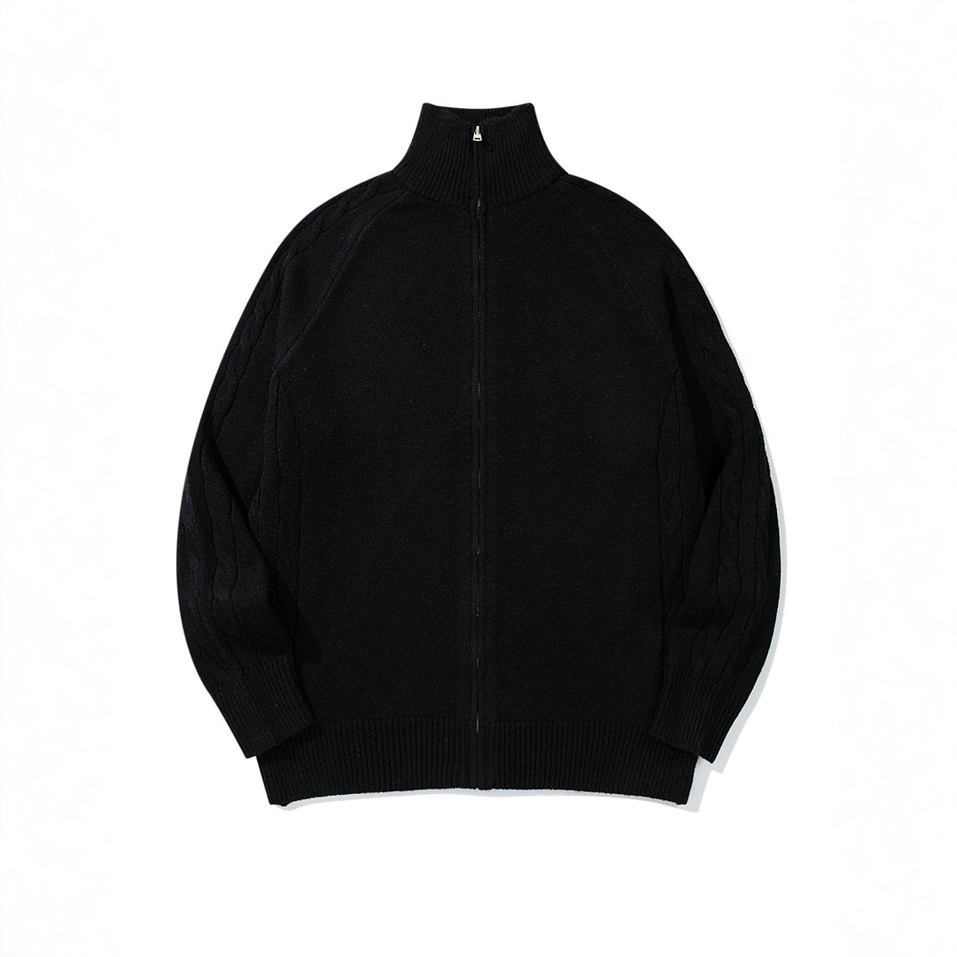 Herren Grobstrick‑Zipjacke mit Funnelkragen, Raglanärmeln und Zopfmuster Drune
