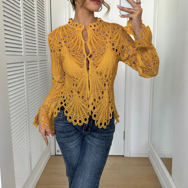 Damen nan filigrane Häkelspitzen-Bluse mit Stehkragen, Zierknopfleiste und gewelltem Saum Drune