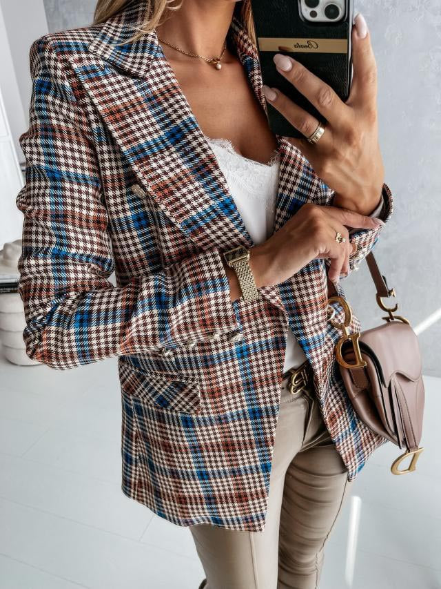 Damen stylische Blazerjacke mit doppelter Knopfleiste und eleganten Silberdetails Drune