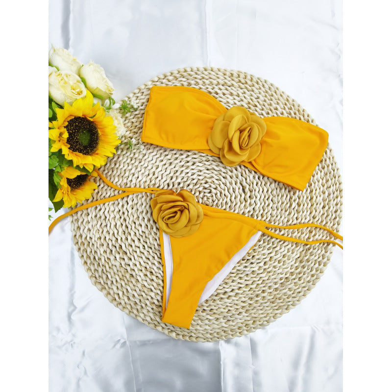 Damen Bandeau-Bikini mit floralem Akzent und verstellbaren Trägern Drune